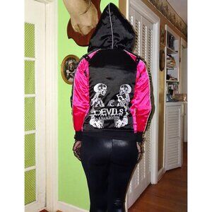 Vintage Hot Pink & Black Devil's Anarchism Jacket S goth skulls spiderweb punk